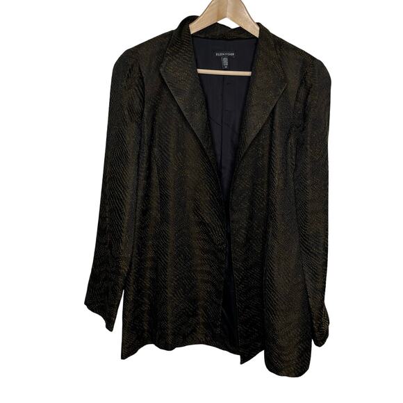 Eileen Fisher Womens Silk Jacket Small Black Jacquard Open Front Pockets Lined - Picture 3 of 13